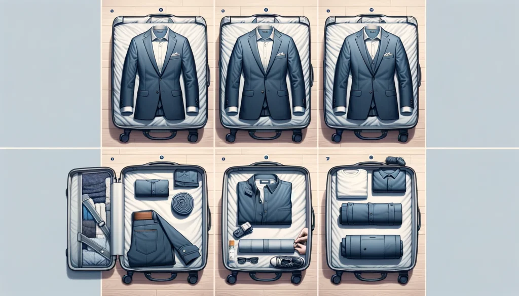 Step-By-Step Visualization Of Packing A Suit In A Suitcase, Showing The Suit Laid Flat, Then Folded With A Rolled Item For Support, And Finally Neatly Placed In A Suitcase With Other Items.