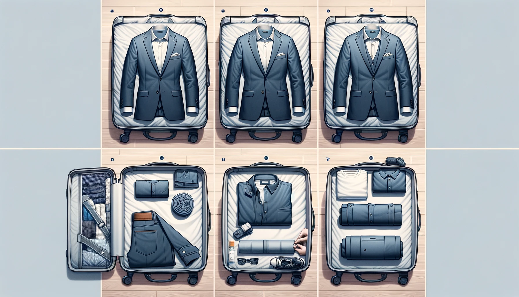 Step-by-step visualization of packing a suit in a suitcase, showing the suit laid flat, then folded with a rolled item for support, and finally neatly placed in a suitcase with other items.