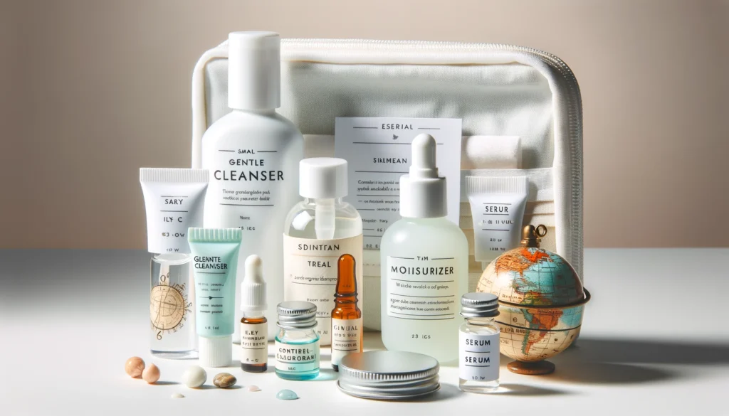 Image Depicting How To Pack Skincare For Travel Including Travel-Sized Cleanser, Moisturizer, Sunscreen, And Serum, Neatly Arranged With Labeled Containers