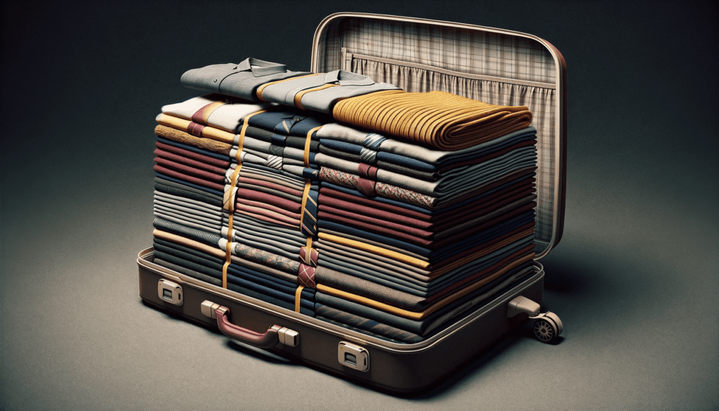 The Image Illustrates The Layering Method For Packing Ties Within A Suitcase, Showcasing A Side View Cutaway. It Demonstrates How Ties Are Laid Flat At The Suitcase'S Bottom, Followed By Clothes Layered Above, With Additional Ties Sandwiched Between Clothing Layers. This &Amp;Quot;Clothes Sandwich&Amp;Quot; Technique Is Depicted With Clarity, Highlighting How It Conserves Space And Ensures Ties Remain Smooth And Free From Wrinkles During Travel. The Subtle Integration Of The Color Theme Within The Suitcase Lining Or Clothing Adds To The Visual Appeal, Emphasizing This Strategic And Efficient Packing Approach.