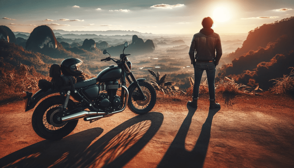 The Image Beautifully Encapsulates The Conclusion Of A Motorcycle Journey, With A Bike Resting At A Scenic Overlook And A Rider Gazing Into The Vastness, Reflective Of The Paths Traversed. This Serene Moment Captures The Essence Of Adventure And The Liberating Feel Of The Open Road. The Thoughtful Inclusion Of The Color Theme #8F8074 In Elements Of The Motorcycle Or The Rider'S Gear Adds A Cohesive Touch To The Narrative, Symbolizing The End Of A Fulfilling Journey Yet The Beginning Of Many More To Come.