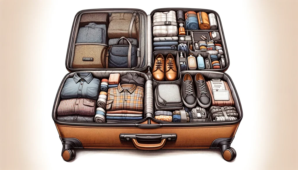 An Organized Open Suitcase With Heavy Items At The Base And Various Packing Cubes Above, Plus Outer Pockets For Immediate Essentials, Demonstrating An Effective And Orderly Method To Pack A Suitcase.