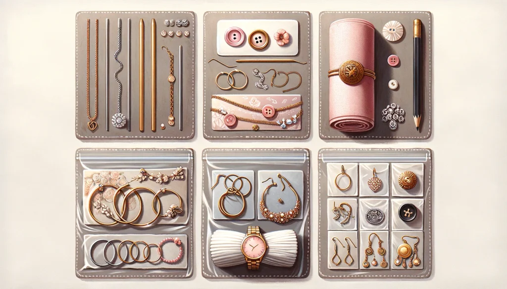 Collage Showing Six Diy Methods To Pack Jewelry For Travel: Necklaces In Straws, Earrings On Buttons, Earrings Secured On Business Cards, Bracelets Wrapped In Cloths, Delicate Jewelry In Tissue Paper, And Small Pieces In Zip Bags.
