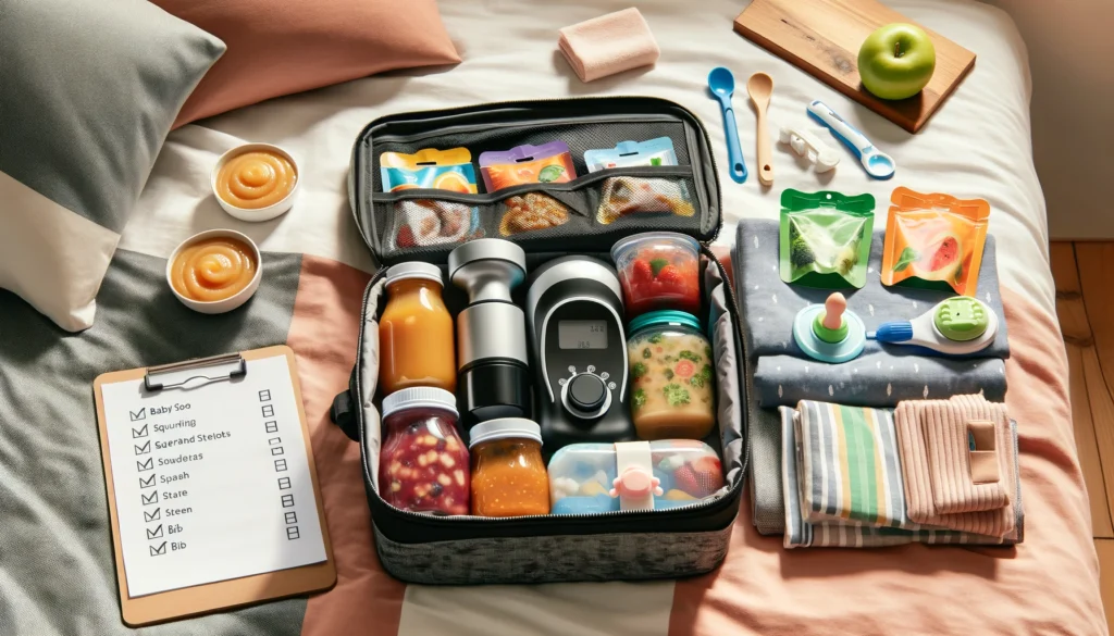 How To Pack Baby Food For Travel - Dall·e 2024 03 21 05.07.23 The Image Captures A Well Organized Travel Bag Open On A Bed Filled With Various Baby Food Items Such As Small Jars Of Pureed Fruits And Vegetables 1 1