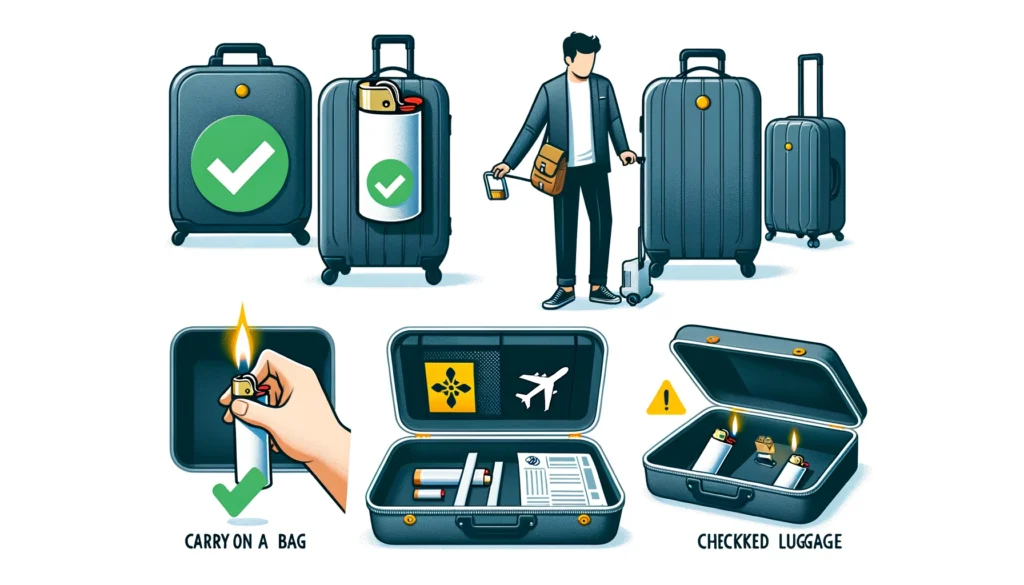 Infographic Showing That One Can Bring A Lighter In Carry-On Luggage With A Green Check And In Checked Luggage Within A Dot-Approved Case With A Yellow Caution Symbol.