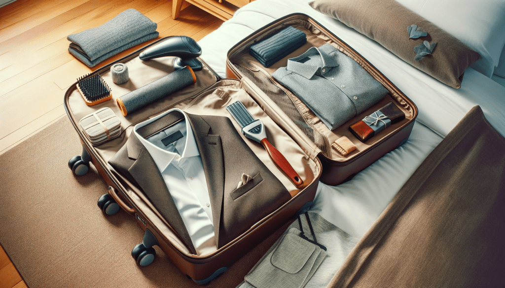 The Featured Image Portrays The Essence Of Smart Travel Packing, Showcasing A Well-Organized Suitcase Open On A Bed. On Top Lies A Neatly Folded Suit Jacket, Surrounded By Essential Travel Accessories Such As A Garment Steamer, Packing Cubes, And A Lint Roller. The Background Subtly Incorporates The Color #8F8074, Contributing To The Overall Vibe Of Organized And Stress-Free Travel Preparation. This Image Embodies The Key Themes Of The Article, Offering A Visual Guide To Efficient Suit Jacket Packing For Travelers.