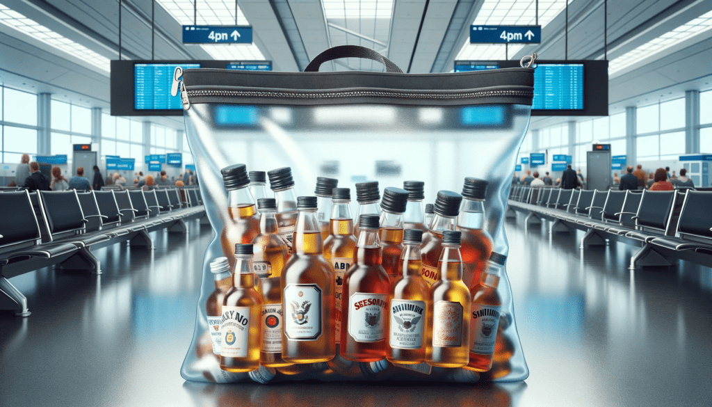 The Featured Image Vividly Portrays An Airport Security Setting, Where A Clear, Quart-Sized Bag Filled With Generic Miniature Alcohol Bottles Takes Center Stage. These Bottles, Carefully Designed To Resemble Nip Bottles Without Referencing Specific Brands, Are Clearly Visible And Easily Identifiable, Emphasizing The Theme Of Traveling With Miniature Spirits. The Background And Elements Within The Scene Subtly Incorporate The Color Theme #8F8074, Adding A Cohesive And Visually Appealing Touch To The Composition. The Image Achieves A Balance Of Realism And Detail, Fitting Perfectly Within A 16:9 Aspect Ratio, And Captures The Essence Of Navigating Tsa Regulations With Miniature Alcohol Bottles.