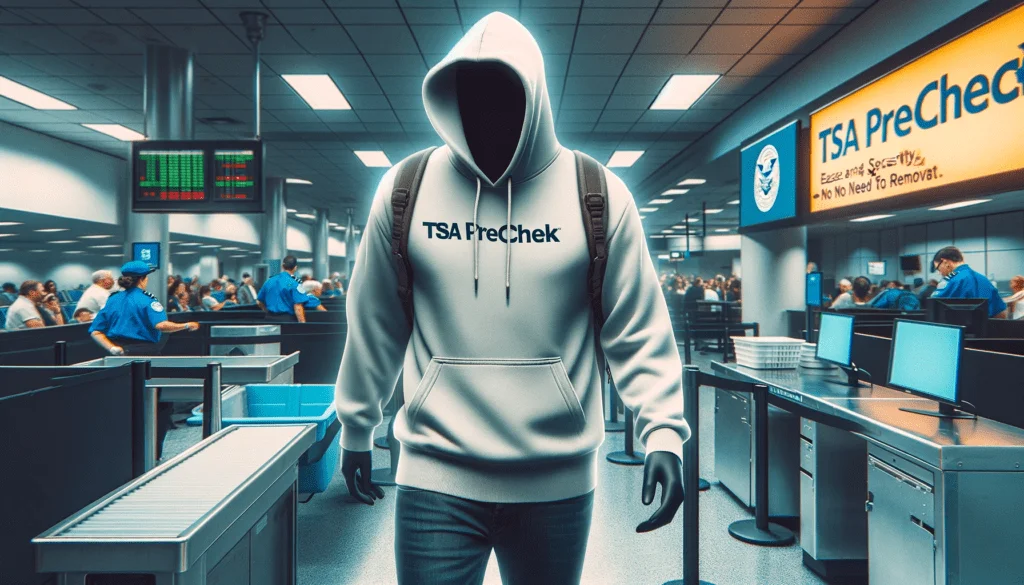 This Image Depicts A Traveler Breezing Through Security With Tsa Precheck Status, Comfortably Wearing A Hoodie Without The Need For Removal. Set Against A Background Color Of #8F8074, The Scene Highlights The Convenience And Speed Of The Precheck Process. The Engaging Composition Focuses On The Traveler'S Relaxed Demeanor, Captured In 4K Ultra-Resolution, Underscoring The Benefits Of Tsa Precheck For Individuals Opting For Security-Friendly Clothing Like Hoodies.